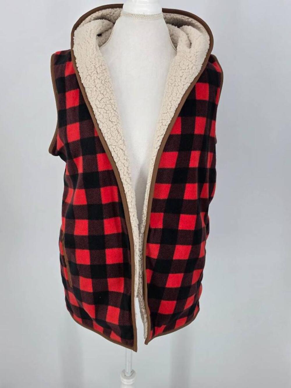 Legendary Whitetails Womens XL Buffalo Plaid Fleece Hooded Vest Sherpa Cozy